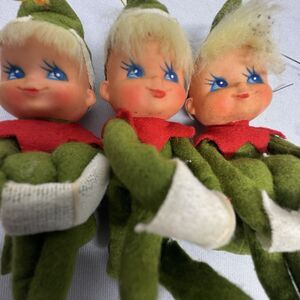 Vintage Knee Hugger Girl Elves Lot Of 3 Ornaments Japan Blond Blue Eyes